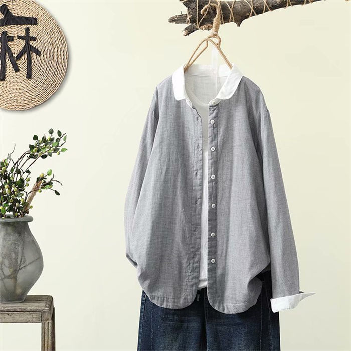 シャツ ダブルガーゼ ガーゼ ブラウス レディース 長袖 コットン 綿 柔らか チェック柄 シンプル 折り襟 ボタン留め 通気性 前開き 大きいサイズ 通勤 OL シンプル おしゃれ 大人 かわいい