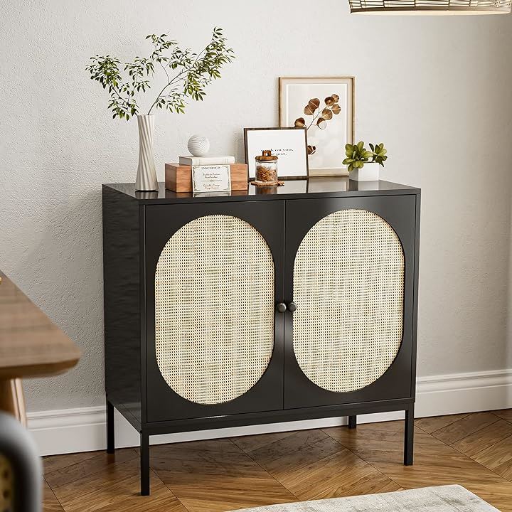 ラタンキャビネット 木製 天然ラタンサイドボード チェスト リビングボード ラタン調収納棚 キッチン 扉付き ゴールド おしゃれ 調節可能な棚付き 寝室用(ブラック, 幅80CM)