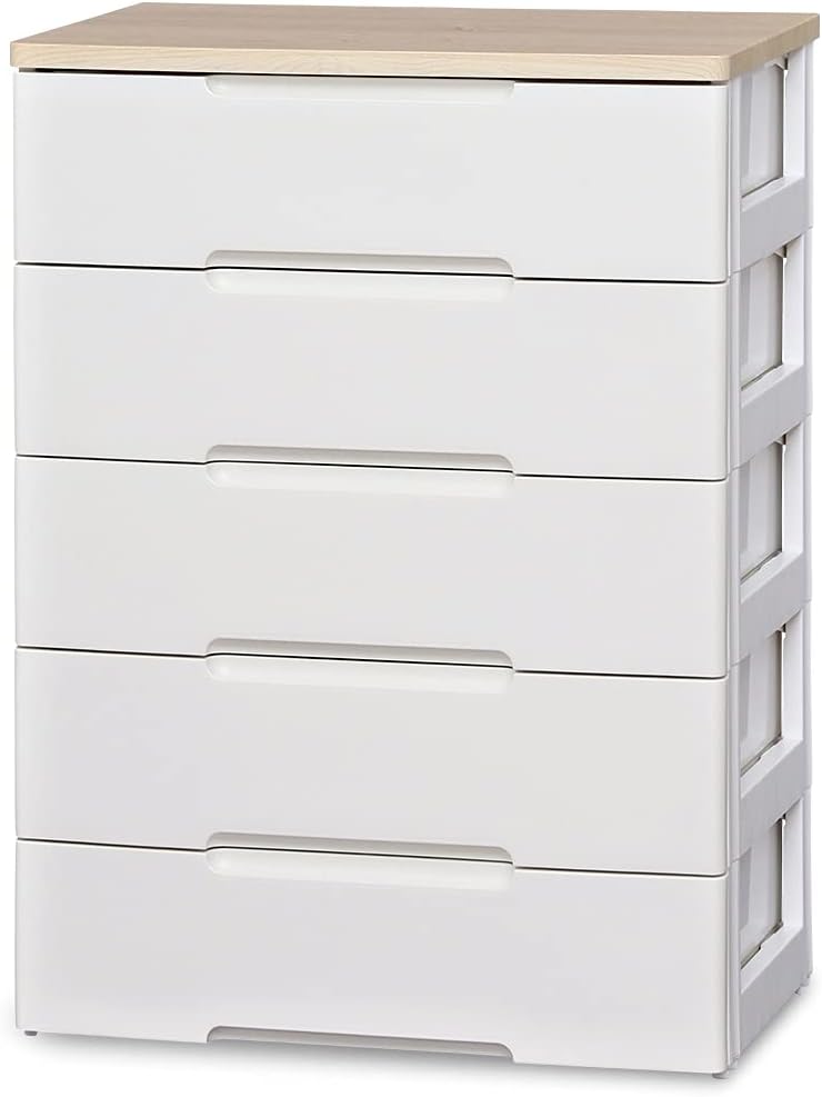 アイリスオーヤマ チェスト 5段 届いてすぐ使える完成品 ラクラク引出し 木天板 日本製 幅73×奥行41.5×高さ100cm ホワイト / ナチュラル 白 プラスチック HG-725R 組立不要