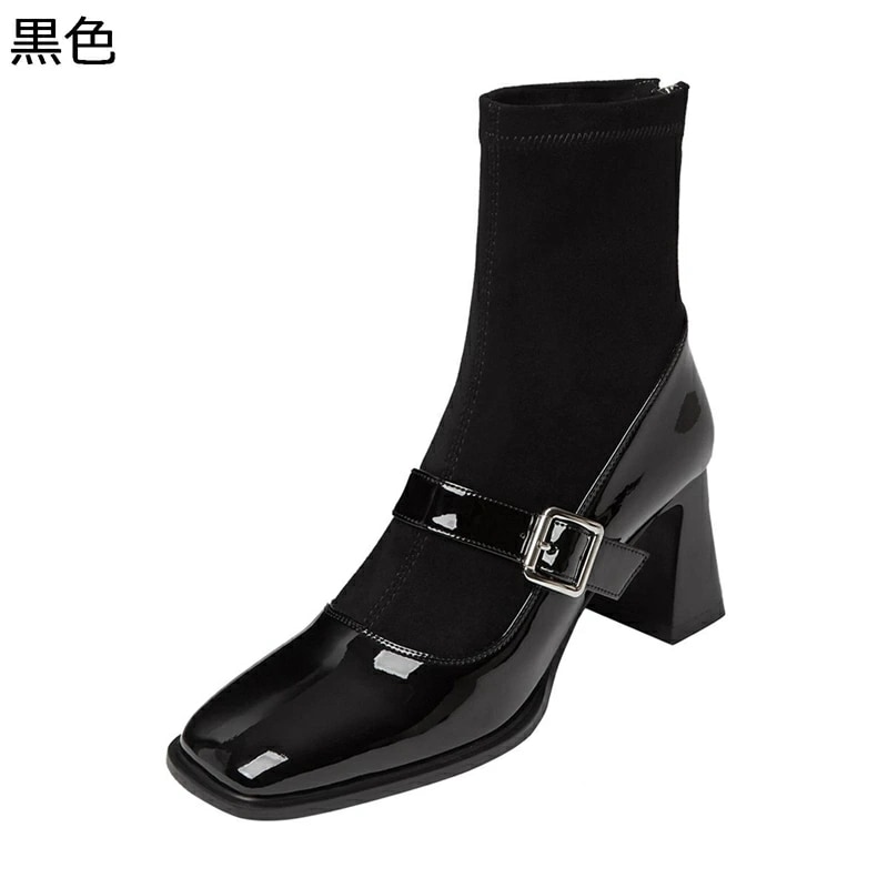 ショートブーツ ソックスブーツ レディース ブーティ ハイヒール8cm 太ヒール エナメル メリージェーン風 スクエアトゥ アンクルブーツ 柔らか 歩きやすい 女子力 美脚 柔らかい 秋冬