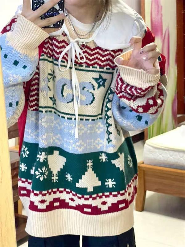 との女子学生のためののカレッジスタイルのクリスマスジャカード厚いセーター緩い怠惰なスタイルのセータートレンド
