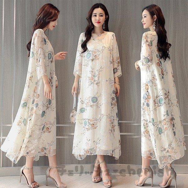 ワンピース レディース 40代 きれいめ 長袖 上品 春秋 マキシワンピース レースワンピース 丸首 4,710円