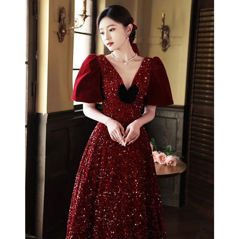 結婚式ドレス 二次会ドレス ゲストドレス ワイン赤 ベロア ベルベット スパンコール キラキラドレス ワインレッド 結婚式 二次会 ロングドレス パフスリーブ 可愛い パーティードレス Aライン S
