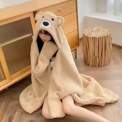 ルームウェア 着る毛布 フード付くまブランケット 着るブランケット ハンドウォーマー フード付ブランケット 羽織 羽織り ナイトガウン くま 厚い 厚手 あったか 大人可愛い 韓国 人気