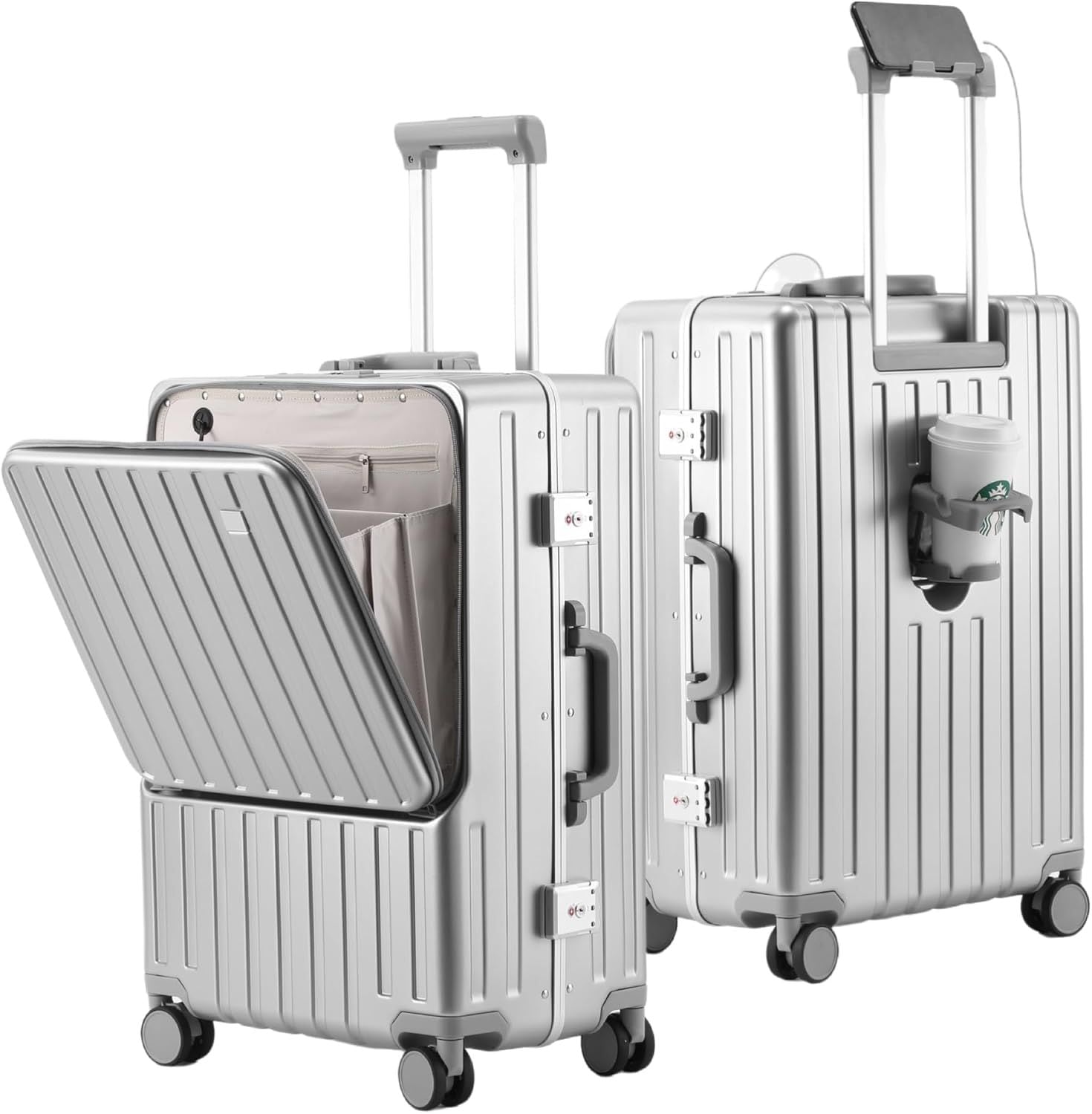 スーツケース フロントオープン キャリーケース 機内持ち込み usbポート付き シルバー PC100% 前開き 人気 キャリーバッグ カップホルダー付き アルミフレームタイプ ハード 荷物フック 携帯