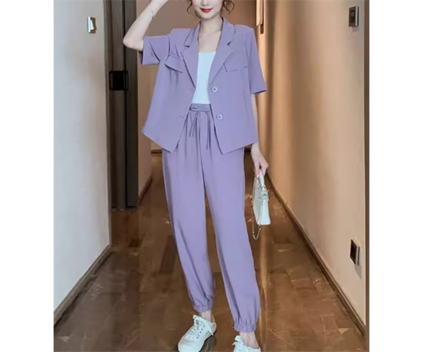 二点セット 上下セット ツーピース レディース ジャケット パンツ スーツ セットアップ フルレングス 半袖 襟付き スーツカラー フェミニン ウエストゴム 異国風 かわいい 大人可愛い きれいめ