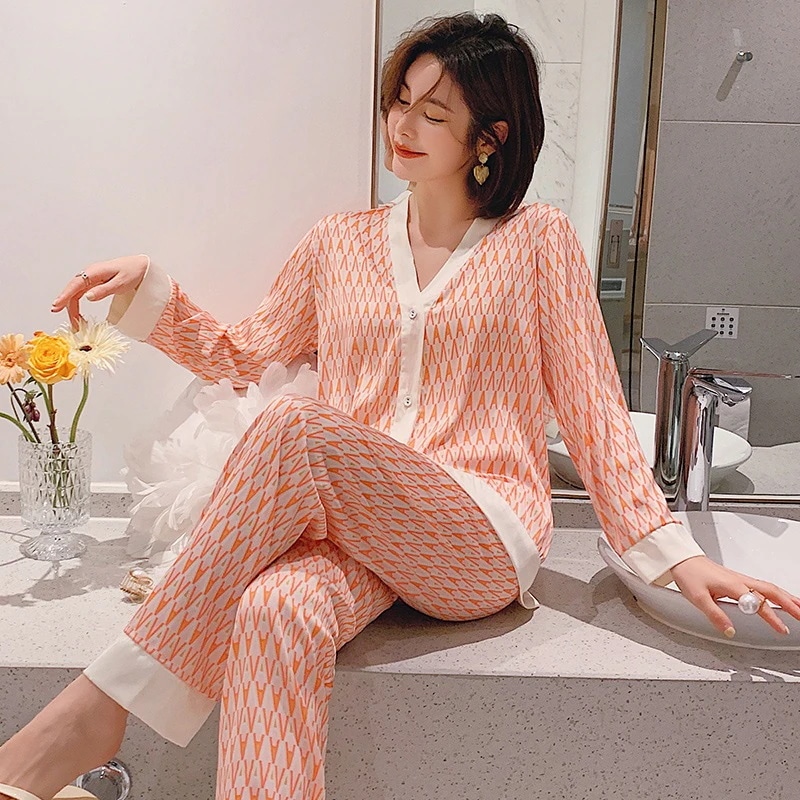 韓国流行り夏パジャマレディース　春秋長袖長ズボンホームウェア人気アウター二点セットパジャマ