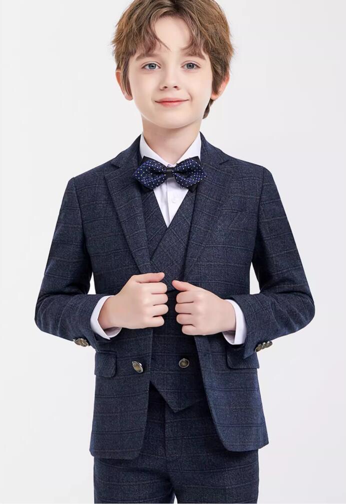 []上品 5色 イギリス風 子供スーツ 5点セット ストライプ柄/チェック柄 ジャケット＋シャツ＋ベスト＋ズボン/（蝶ネクタイ+ブローチ ）/ランダムに出荷 七五三 子供服 男の子スーツ キッズ
