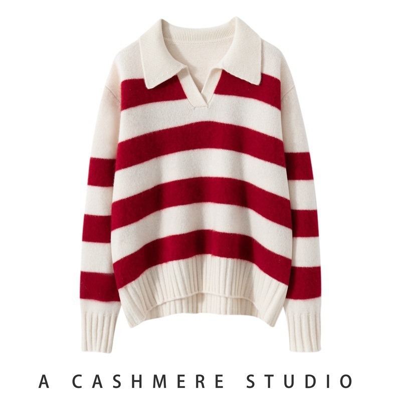 ストライプはvネック100の純粋なカシミヤの襟のプルオーバーの経典の百合の長袖のメリヤスのセーターにぶつかります 16,539円