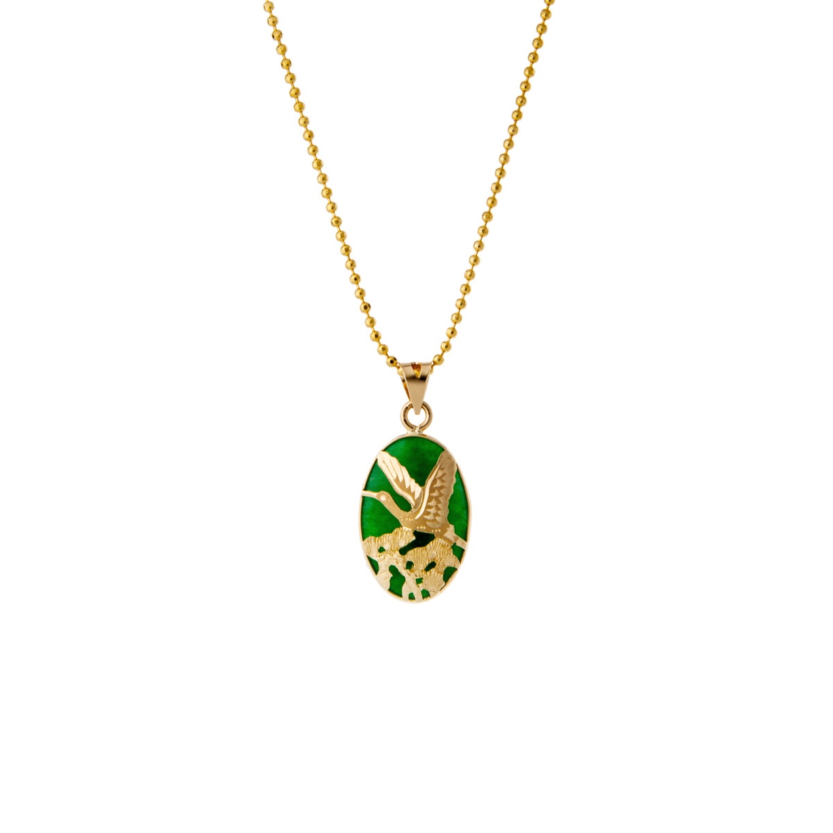 MB Jewelry Korean Traditional Sculpted Gold Crane Green Quartz Oval Pendant