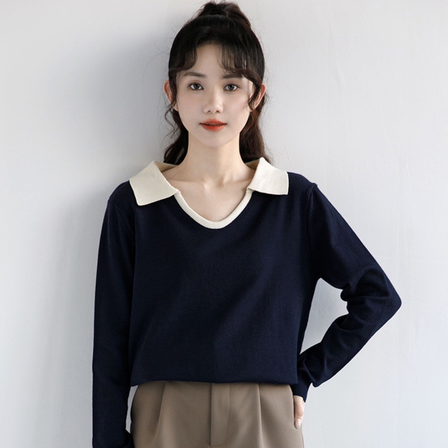 トップス カットソー ニットソー セーター プルオーバー 袖あり 長袖 Vネック 襟付き ニット かわいい 大人可愛い きれいめ シンプル カジュアル 大人 上品 お洒落 かっこいい レトロ ラブリー