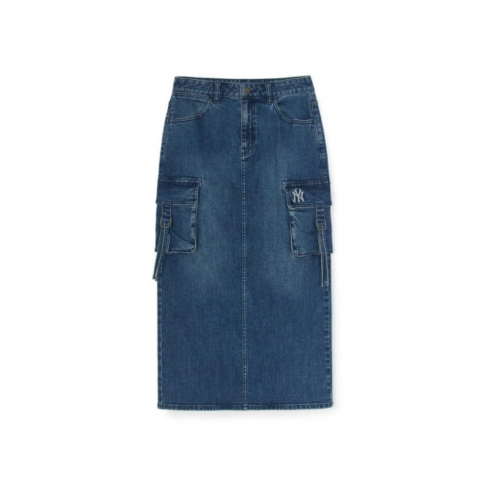 MLB 女性用ベーシックスモールロゴカーゴデニムロングスカート NY (インディゴ)