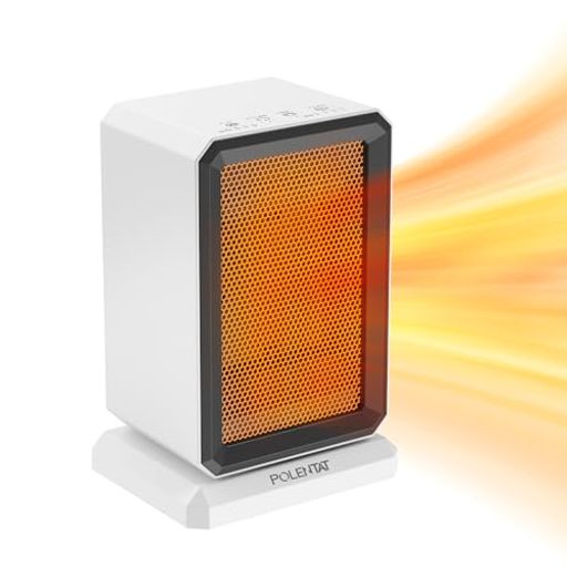 POLENTAT セラミックヒーター 電気ファンヒーター 小型 1300W 900W 500W 4段階切替 6~8畳対応 3秒速暖 70首振り 転倒自動オフ タイマーオフ ハンドル付き 1.8M電源コ