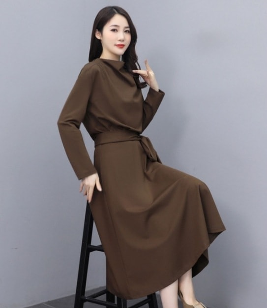 ワンピース 膝下 袖あり 長袖 ボートネック Aライン ウエストマーク ウエストリボン ポリエステル 大人可愛い きれいめ シンプル 大人 上品 おしゃれ お洒落 大人女子 フォーマル 無地 春 秋