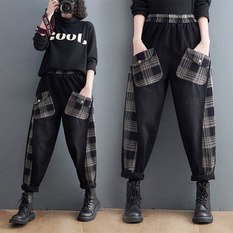 テーパードパンツ春秋レディースデニムウェストゴムオシャレパンツポケット付きゆったり