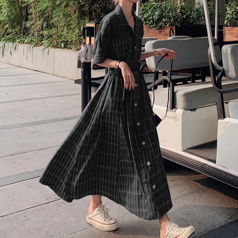 チェック柄シャツロングワンピース ワンピース シャツワンピース ロング ロング丈 マキシ マキシ丈 袖あり 半袖 襟付き フレア Aライン リボン ウエストマーク ウエストリボン 前開き ポリエステル