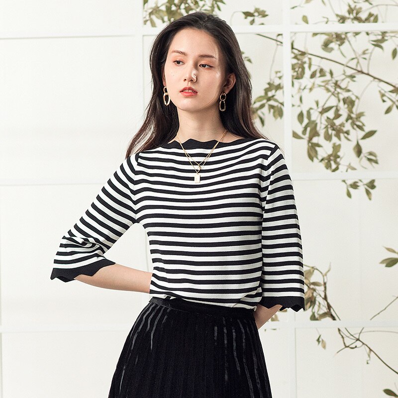 カットソー レディース 7分袖 クルーネック 襟なし カッティング 上品 きれいめ 大人可愛い シンプル カジュアル 柄 ボーダー 春 夏 秋 ママ 学生 通学 お出かけ デート 普段使い トップス