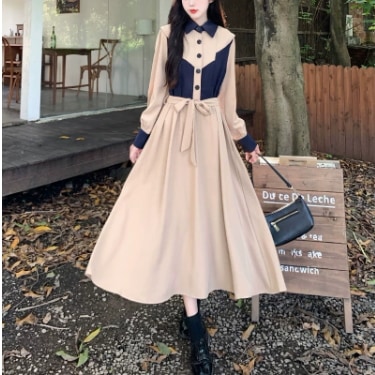 ワンピース シャツ ミモレ丈 袖あり 長袖 襟付き Aライン ウエストリボン 大人可愛い きれいめ 上品 おしゃれ ラブリー キュート ガーリー エレガント 主役級 存在感 柄 春 秋 冬 10代