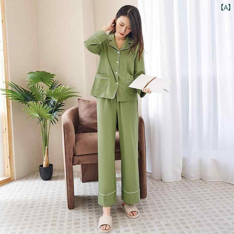 パジャマ　レディース　上下 春秋 パジャマ レディース 薄手 コットン 長袖 パンツ カーディガン グリーン シンプル 無地 ホームウェア セット