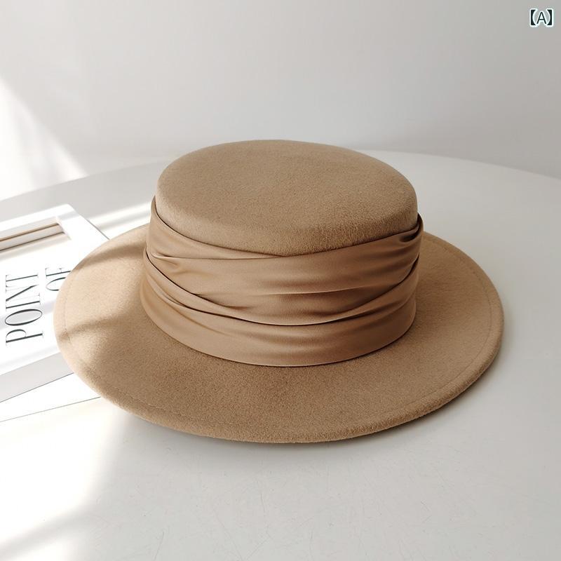 レディース 秋冬 女性用 プリーツ サテン フラット つば ウール ウール トップハット 英国 レトロ 小顔効果 フェルトハット エレガント ジャズ ハット