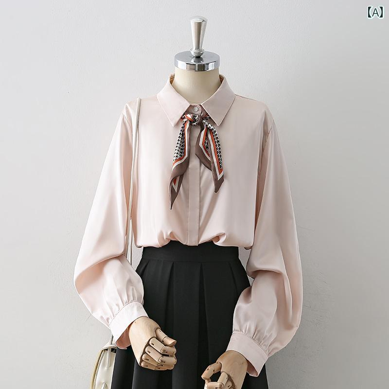 レディース シャツ ブラウストップス 長袖 春秋 スカーフリボン装飾 ボータイ装飾 シャツ襟 め フェミニン エレガント トレンド ピンク オフィスエレガント