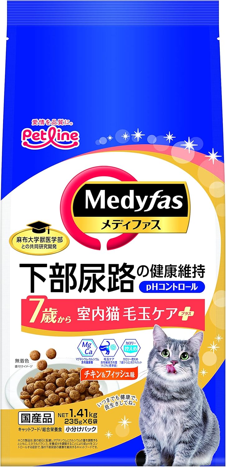 メディファス 室内猫 毛玉ケアプラス 7歳から チキン&フィッシュ味 チキン&フィッシュ味 MFD-38 1.41ｋｇ(235ｇ×6)ｘ6(ケース販売)