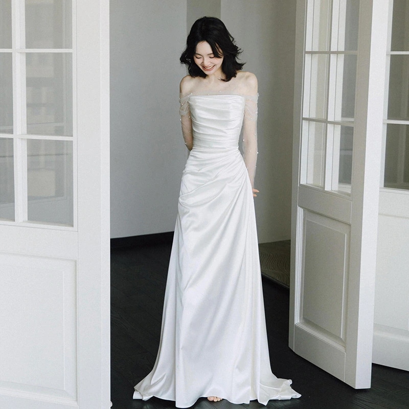 新春のフレンチ ドレス サテンシンプル パーティー パーティードレス ワンピース おしゃれ 花嫁 ウエディングドレス