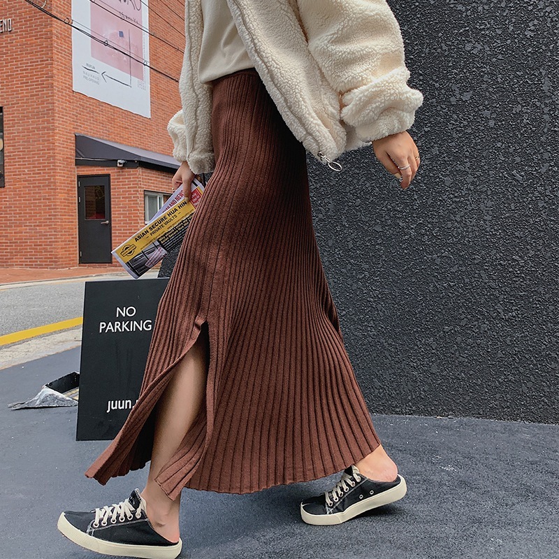 ニットスカート女性ミドル丈無地学生ハイウエストスリムプリーツスカートロングスカート