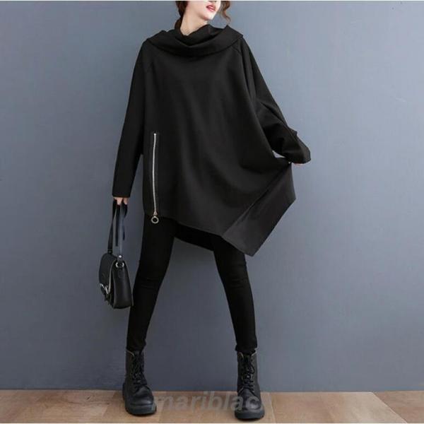 【即納】チュニックワンピース 秋 レディース 長袖 チュニック カットソー Tシャツ タートルネック ワンピース アシンメトリー 春 冬 プルオーバー ゆったり 体型カバー