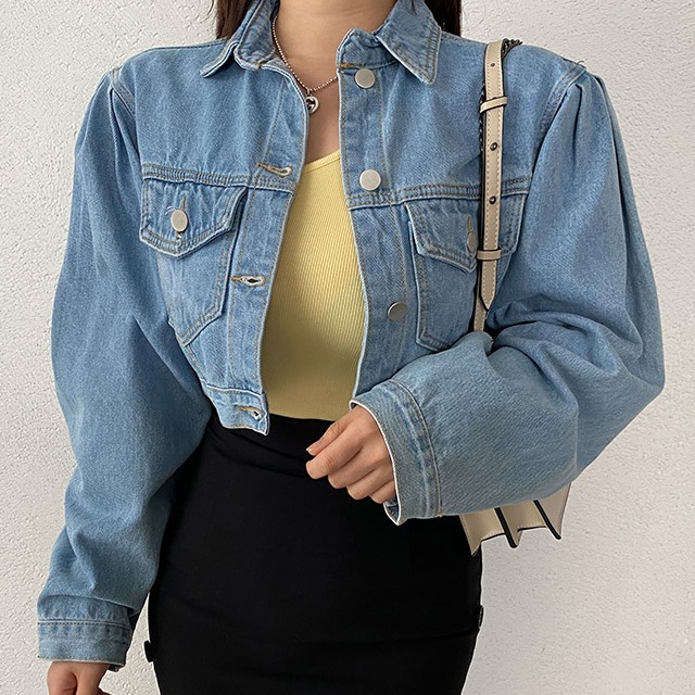 送料0円！韓ファッションマリドゥパフショルダークロップデニムジャケット（outer1174）