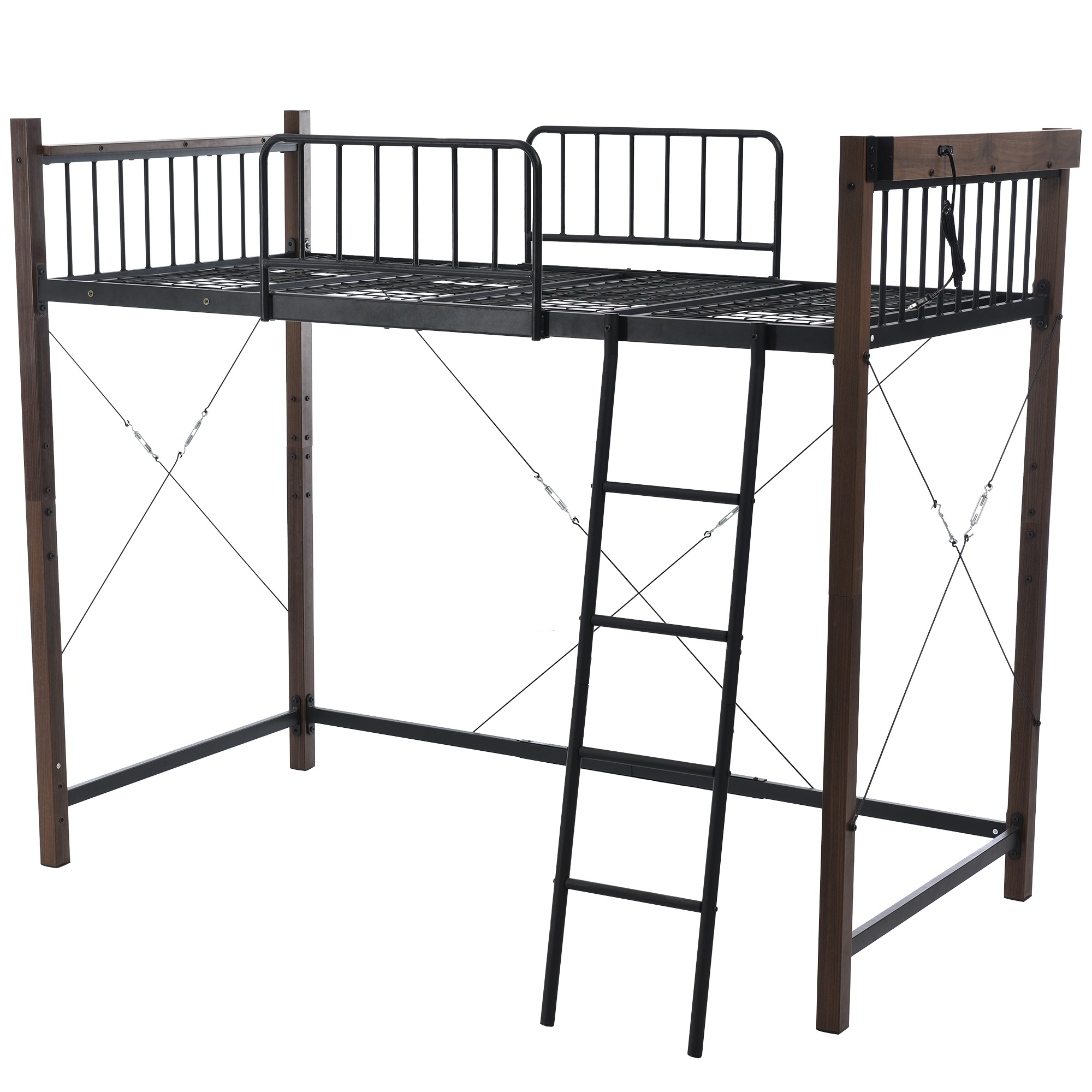 139ロフトベッド シングル パイプベッド コンセント付き おしゃれ 北欧風 スチール ベッド パイプベッド パイプ 金属 耐震 木目塗装 ロフトベッド ハイタイプ システムベッド 子供部屋 金属 耐