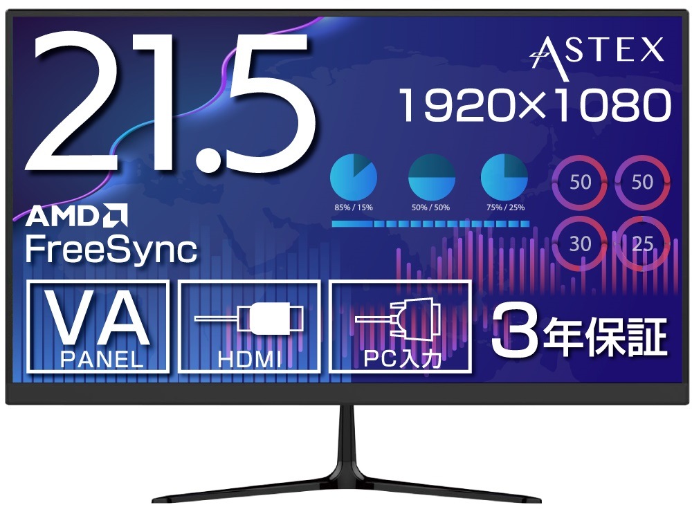 21.5インチ16:9 液晶ディスプレイ フルHD 75Hz HDMI RGB ベゼルレスフレーム チルト機能付き ブルーライトカット ノングレア 3年保証 デスクワークモニター ゲーミングモニター