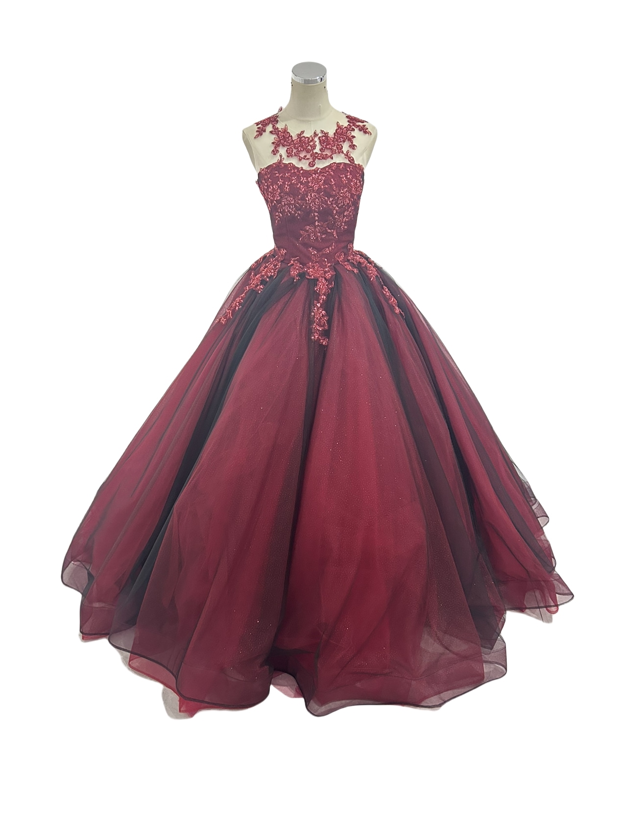 豪華！ カラードレス 赤 ソフトチュール 3D立体レース刺繍 プリンセスライン 短トレーン ノースリーブ 挙式