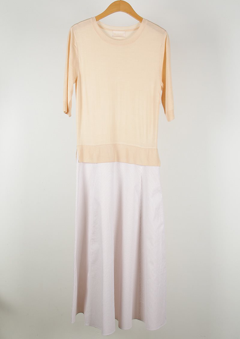 ウーブンスカートパッチ夏ニットのロングワンピース