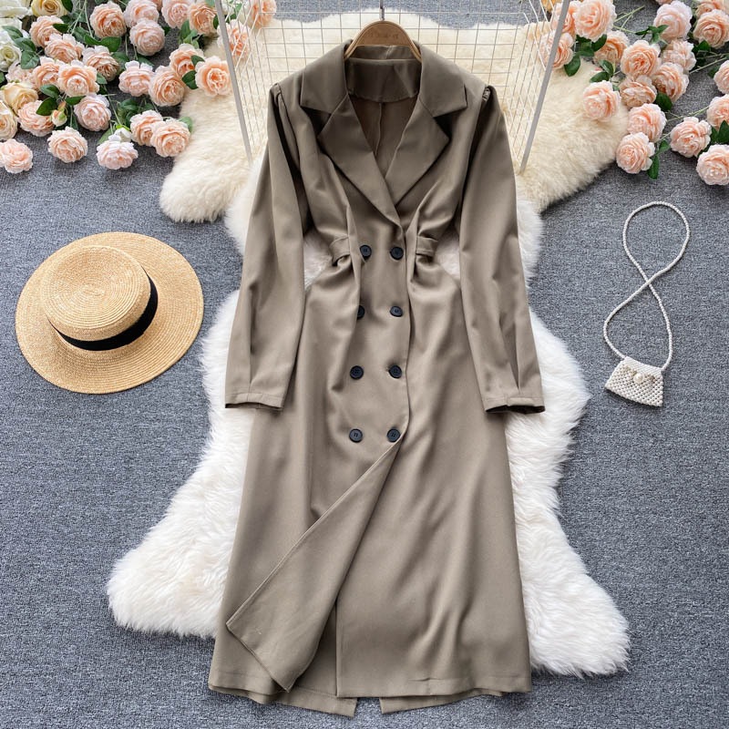 無地 ロング トレンチコート ダブルブレスト トレンド 長袖 軽い レトロ 定番 レディース