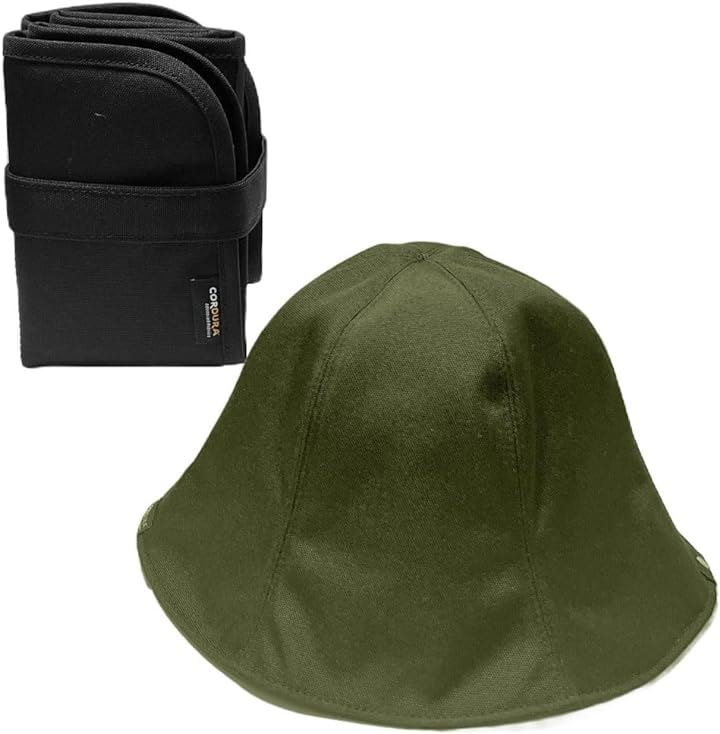 コーデュラ採用 サウナハット サウナマット セット 洗濯可 撥水 速乾 断熱 軽量 サウナグッズ( カーキ x ブラック, 56.0 cm)