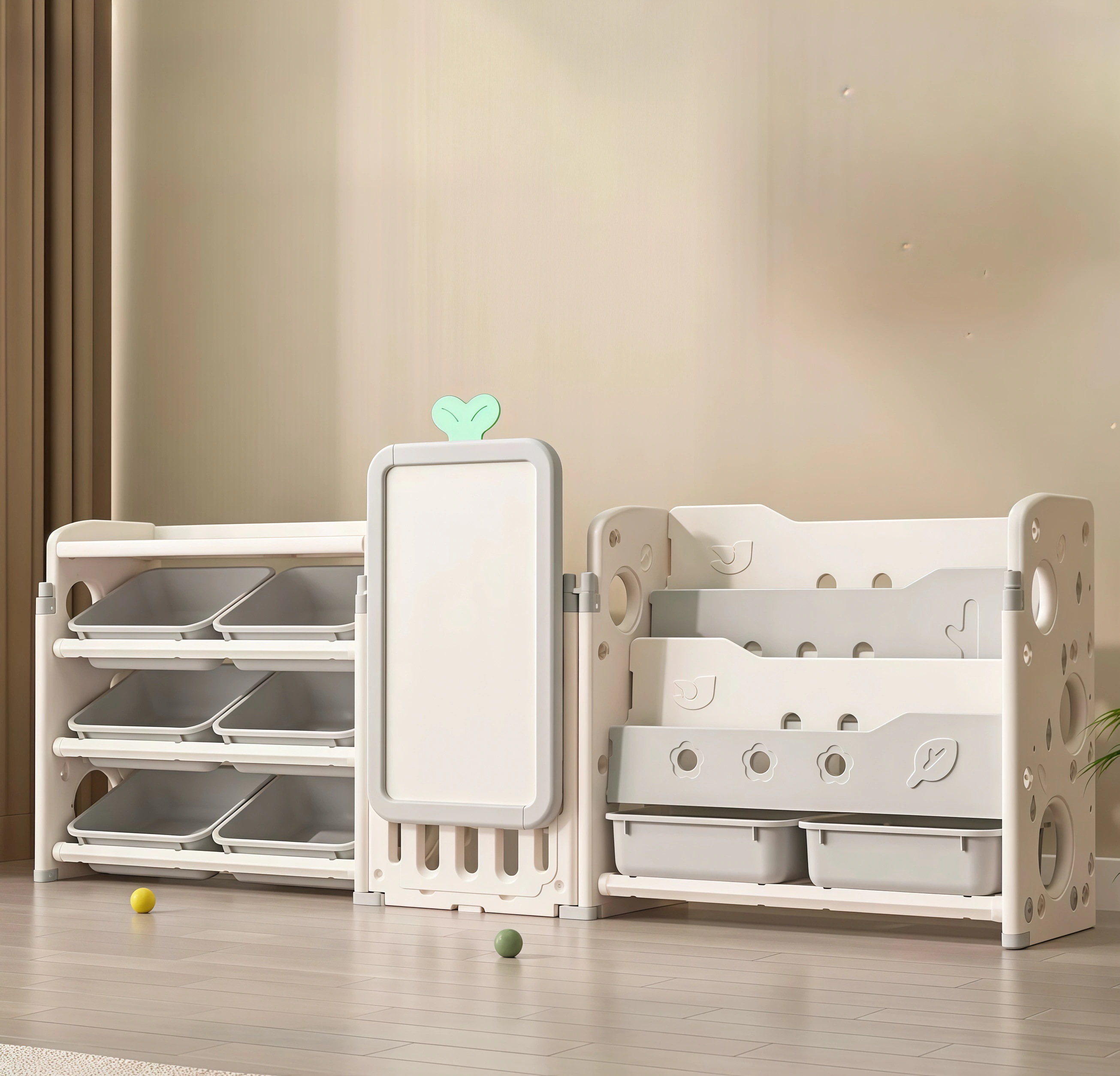 Grey+White 大容量 【国内発送】3in1おもちゃ棚＆絵本棚＆描きボード 本棚 HDPEG28 キッズ ラック 組立カンタン 書棚 収納ラック おしゃれ 折り畳み こどもGG5979 絵本棚