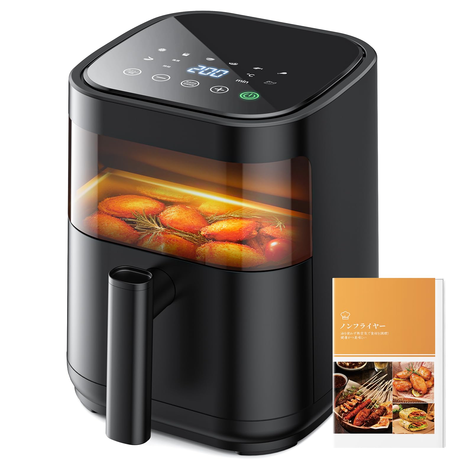 ノンフライヤー 3L エアーフライヤー air fryer ノンオイル 電気フライヤー 揚げ物・惣菜調理機 1~2人用 可視窓付き LEDタッチパネル 温度調整/タイマー 日本語説明書・レシピ付き P