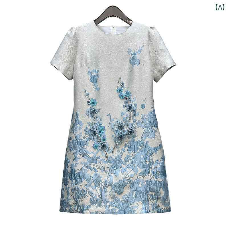 ドレス　パーティー　レディース 高級 エンボス ジャカード 重厚な ラインストーンを 散りばめた 立体的な ネイル スパンコール ラウンドネック 半袖 スリム 夏用 軽量 ドレス 7,050円