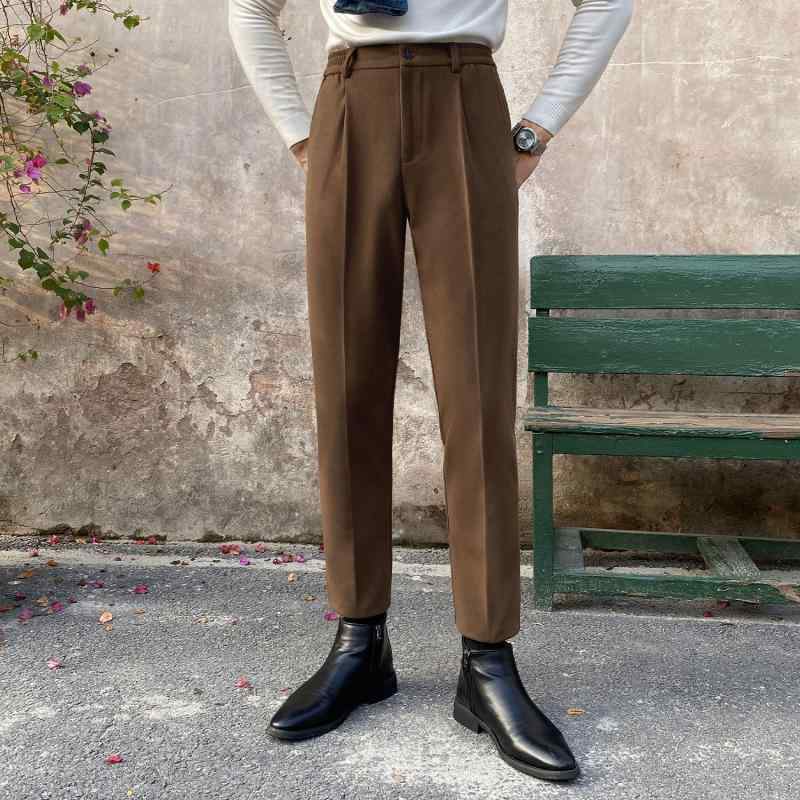 パンツ メンズ 秋 冬 カジュアル フォーマル ウール スラックス ビジネス スリムフィット クロップド ストレート ゴム ウエスト 用 起毛