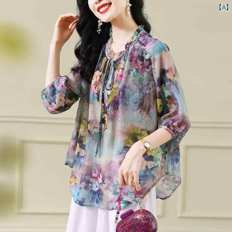 シフォン シャツ レディース 夏 おしゃれ シフォン レトロ お腹カバー トップス 高貴 西洋 ママ 花柄