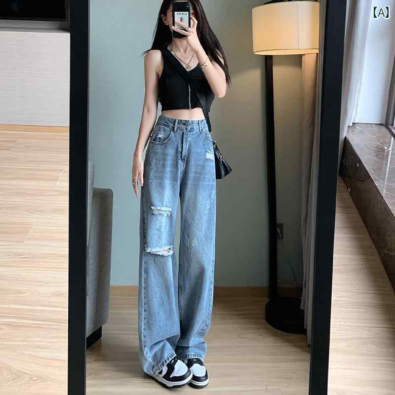 デニムパンツ レディース ダメージ ジーンズ クラッシュ ボトムス 夏 薄手 ハイウエスト スリム ストレート 大きめサイズ ワイド ブルー