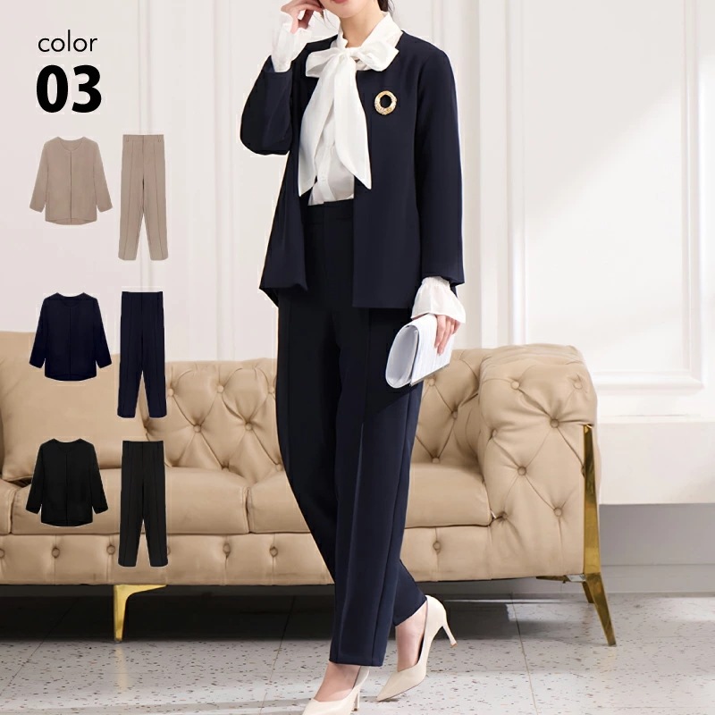 2点セット きれいめ パンツスーツ ラウンドネック ジャケット ノーカラー 上下セット レディース [パンツドレス フォーマル セレモニースーツ 春 夏 秋 冬 トレンド 結婚式 トップス パンツ セ