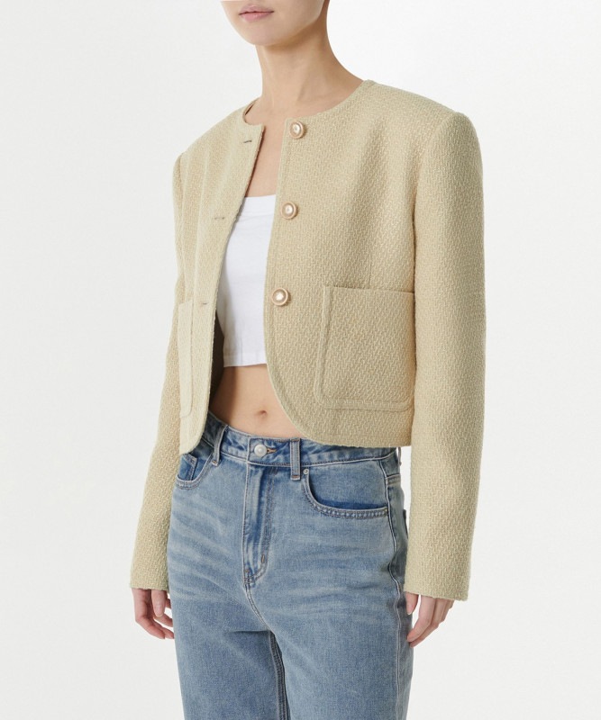 ウーマンズラウンドネックツイードジャケット【ライトイエロー】