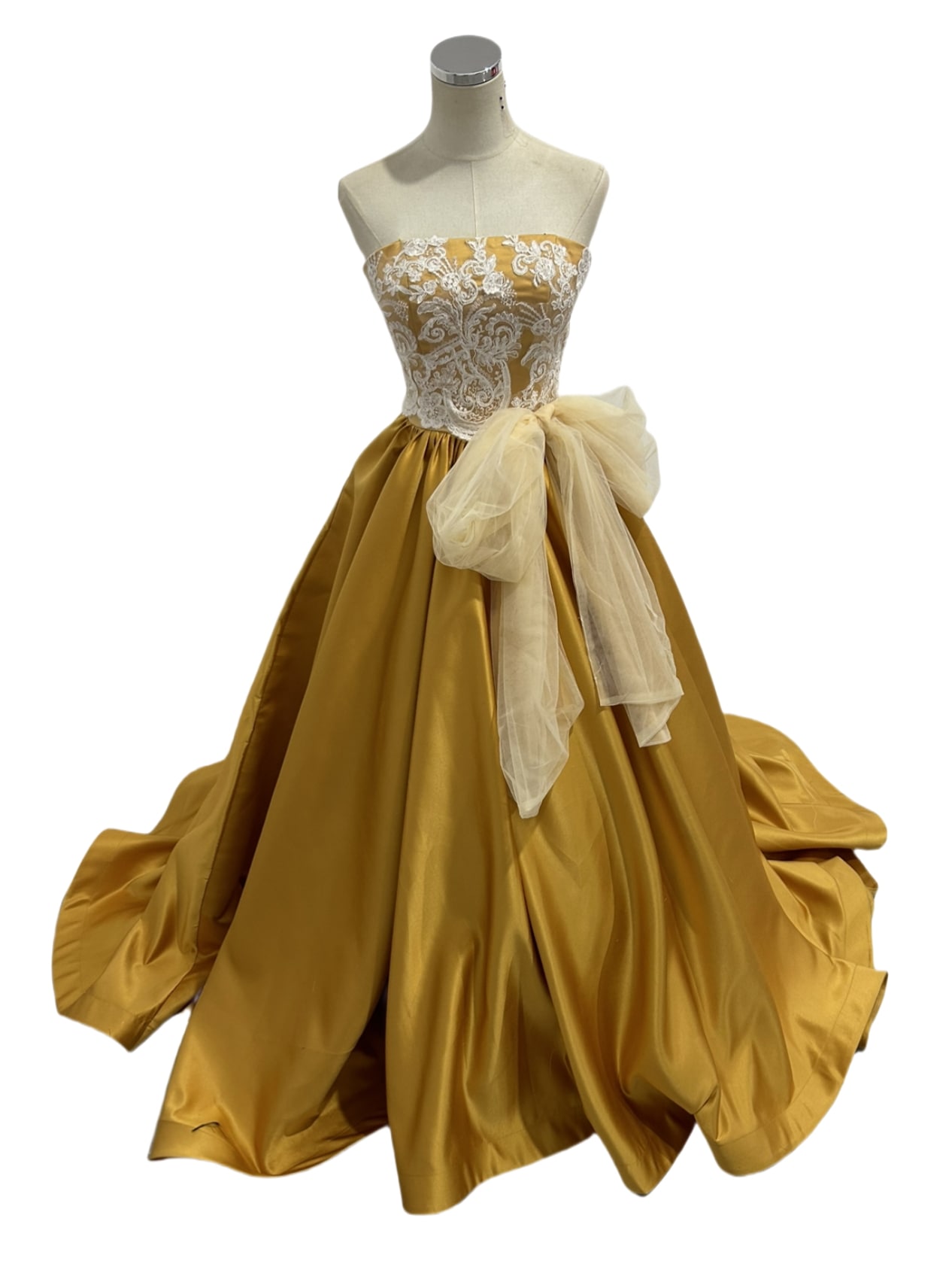 カラードレス イエロー 上品レース リボン ト 華やかなトレーン 刺繡 プリンセスライン 花嫁 結婚式/前撮り