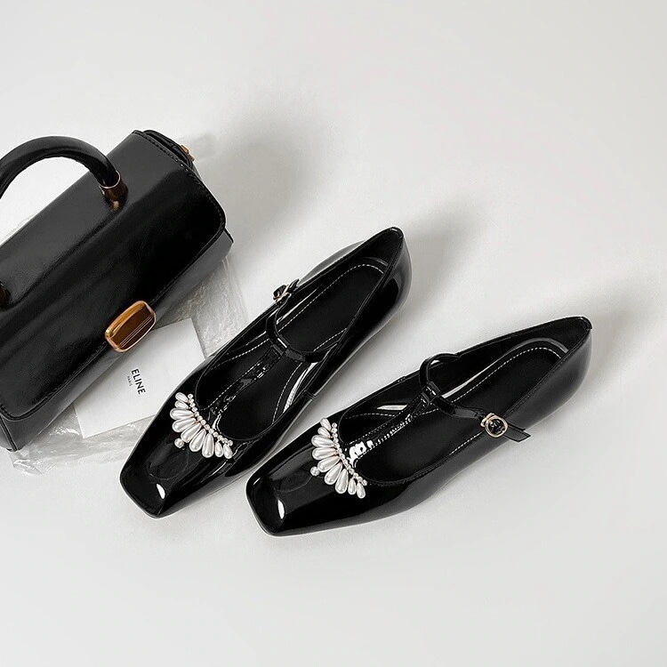 通勤百掛け優雅なスクエア靴フランス風パンプス真珠T字メリージェーン靴