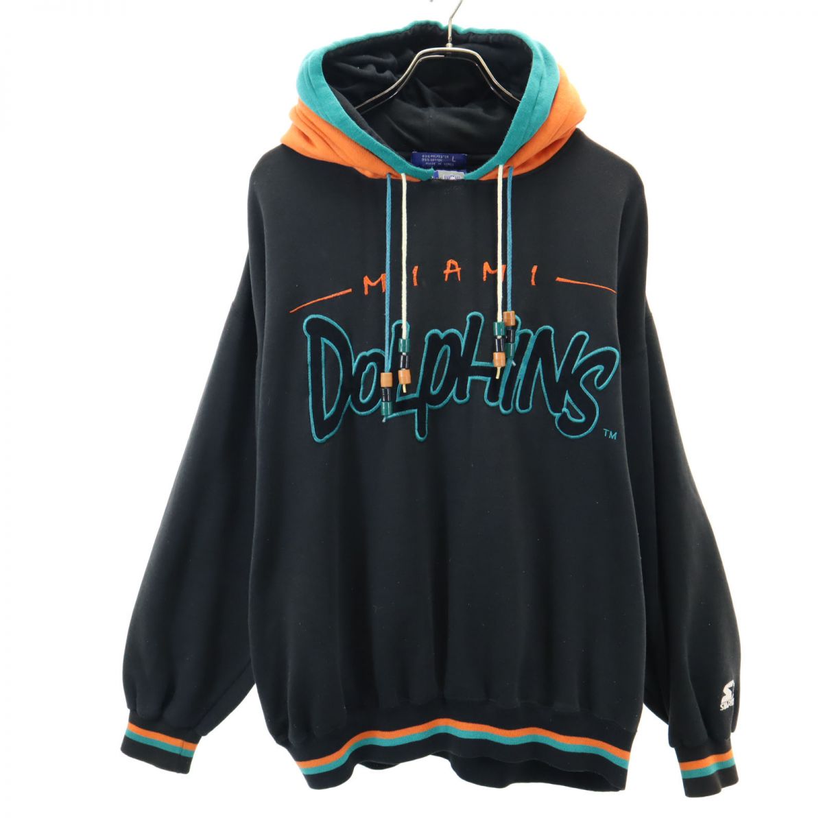 90s NFLマイアミドルフィンズ オールド 長袖 スウェットパーカー L ブラック系 刺繍 プルオーバー アメフト メンズ