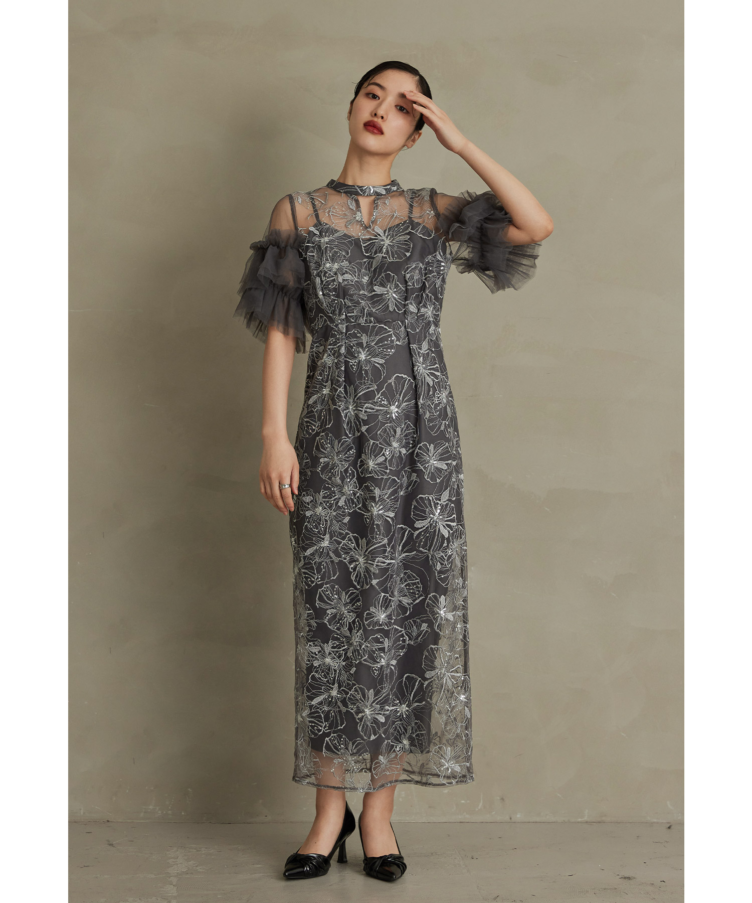 スパンコール刺繍レースドレス パーティードレス 結婚式 キーホールネック 花柄 ラメ チュール Iライン ロング丈 お呼ばれ パーティー 二次会 披露宴 謝恩会 成人式 同窓会 卒業式 フォーマル