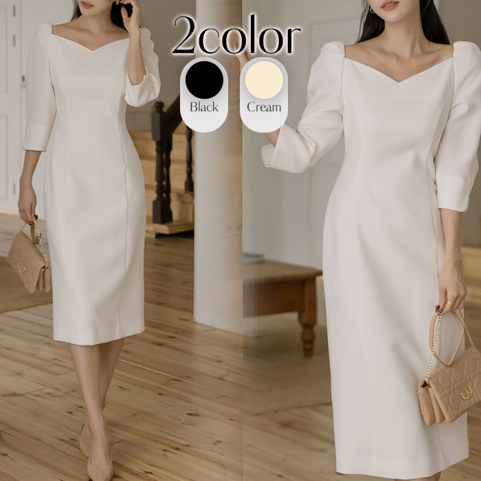 ワンピース 結婚式 秋冬 パーティードレス タイト 甘め パフ袖