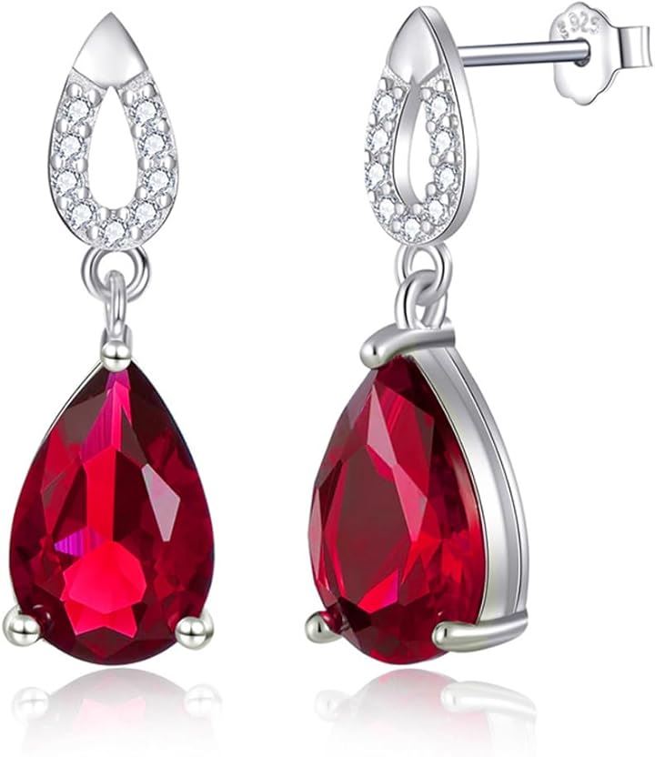 925純銀製 レディース ピアス 人工石( 7月 誕生石 ルビー)